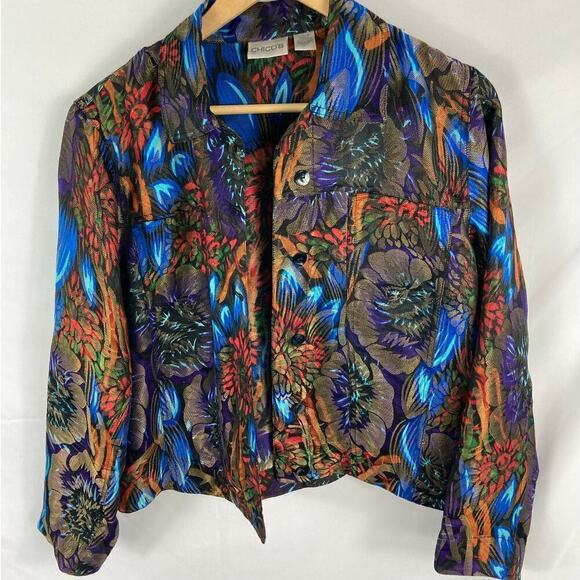 Chicos Silk Blend Multicolor Jewel Tone colorful jacket Size 1 / Large - Picture 1 of 5